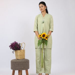 Pashmira Mirror Work Slub Cotton Tunic & Trouser Co-ord Set
