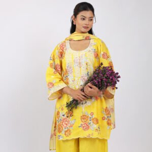 New Arrivals Pashmira Floral Print & Embroidered Kurta Set with Flared Palazzo & Cotton Dupatta