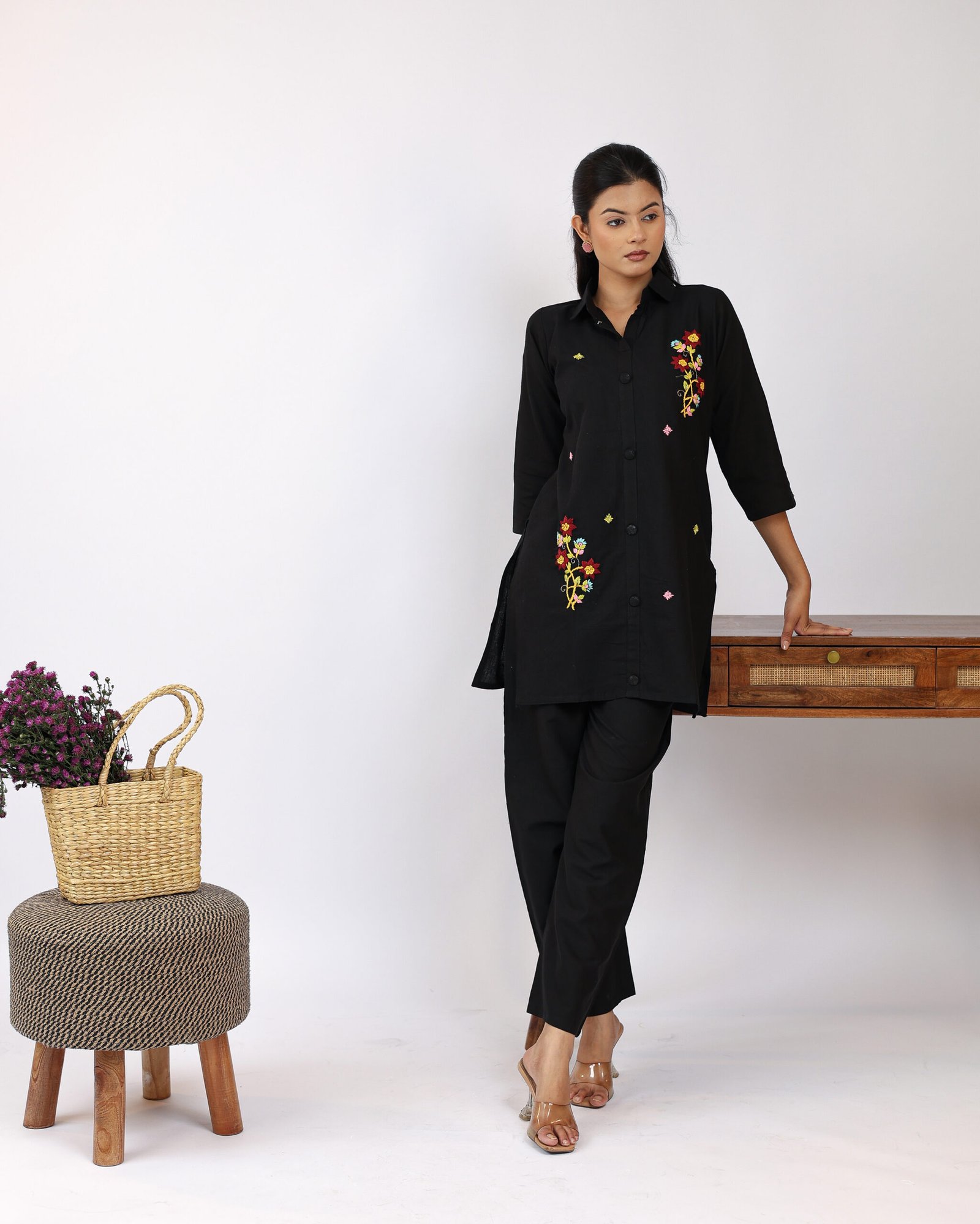 Pashmira Floral Embroidered Cotton Tunic & Trouser Co-ord Set Pashmira Floral Embroidered Cotton Tunic & Trouser Co-ord Set