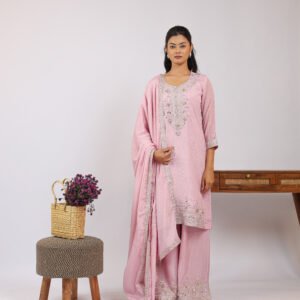 New Arrivals Pashmira Zari & Sequin Embroidered Silk Kurta Set with Flared Palazzo & Dupatta
