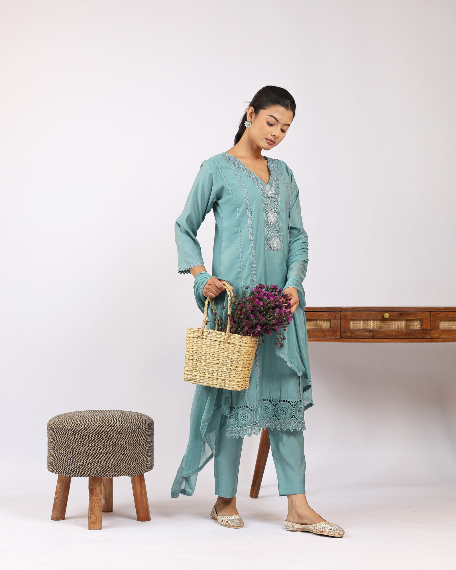 Pashmira Lace Insert & Embroidered Silk Kurta Set with Straight Pant & Dupatta Pashmira Lace Insert & Embroidered Silk Kurta Set with Straight Pant & Dupatta