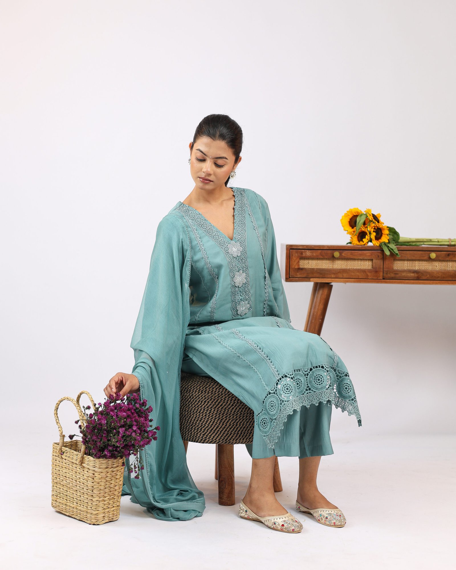 Pashmira Lace Insert & Embroidered Silk Kurta Set with Straight Pant & Dupatta Pashmira Lace Insert & Embroidered Silk Kurta Set with Straight Pant & Dupatta