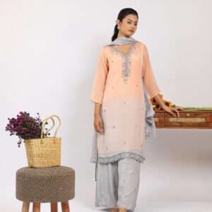 New Arrivals Pashmira Ombré Embroidered Silk Kurta Set with Palazzo & Dupatta