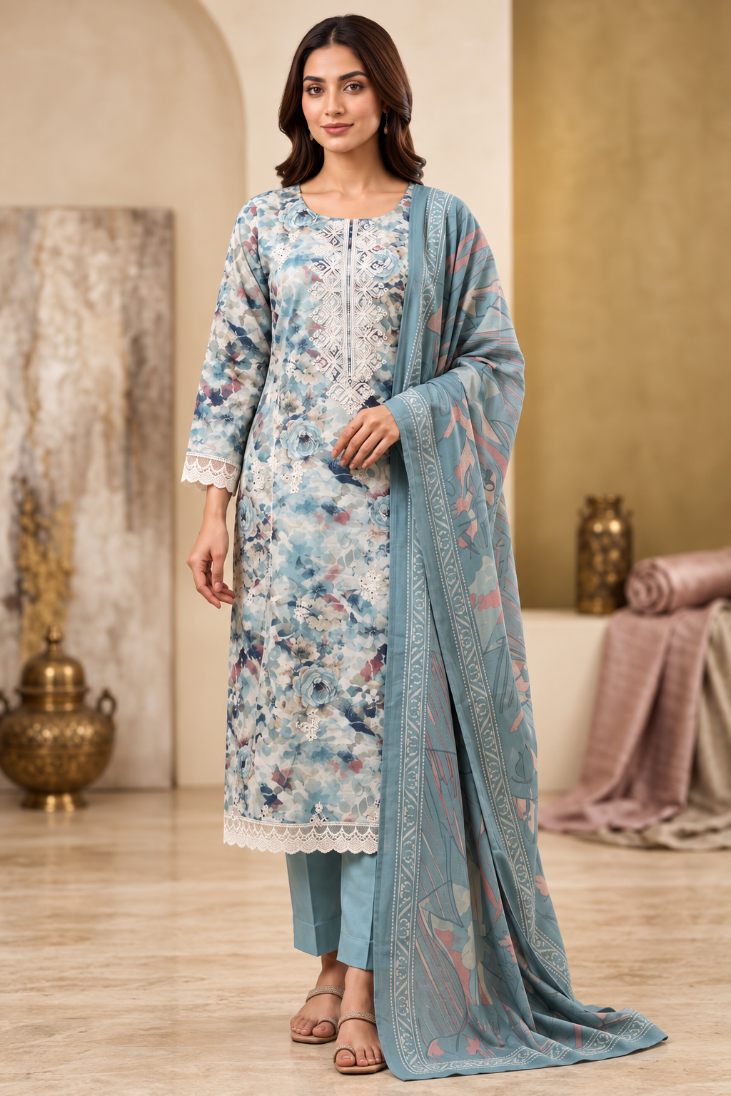 Pashmira Floral Digital Print Chanderi Kurta Set with Lace Inserts, Pant & Dupatta